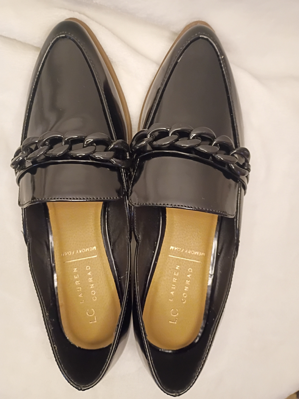 Black Patent Pointed Toe Chain Loafers - Picture 7 of 13